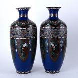 Pair of tall cloisonne vases Japanese, circa 1900 each with each vase wit panels of stylised birds