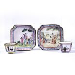 Two Canton enamel pin trays Chinese, circa 1740 depicting Westerners, both of square form, a Chinese