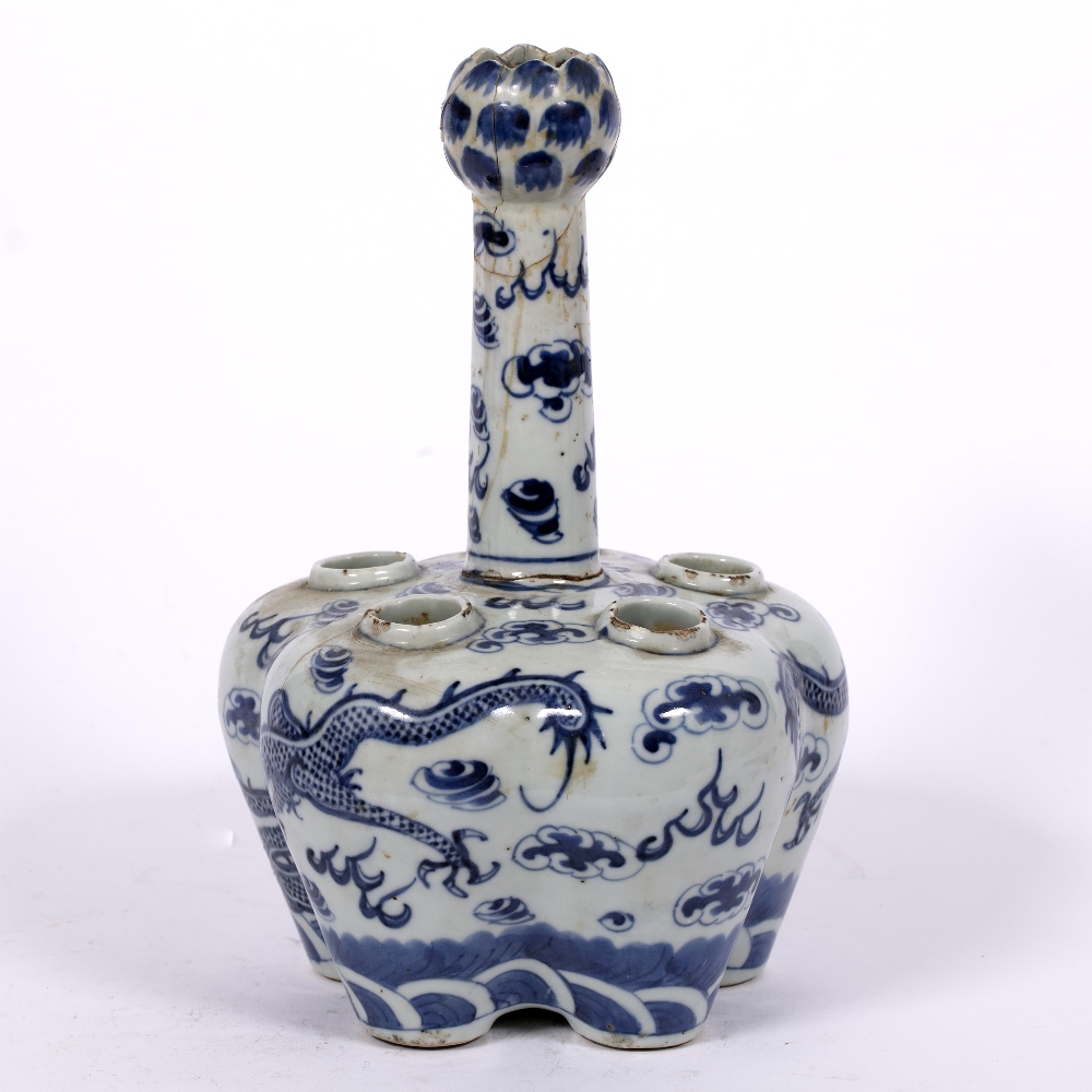 Blue and white tulip vase Chinese, 19th Century decorated to the body with two dragons chasing a - Image 3 of 7