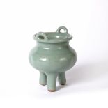 Longquan celadon censer Chinese, 19th Century supported by three squat feet, with Greek key motif