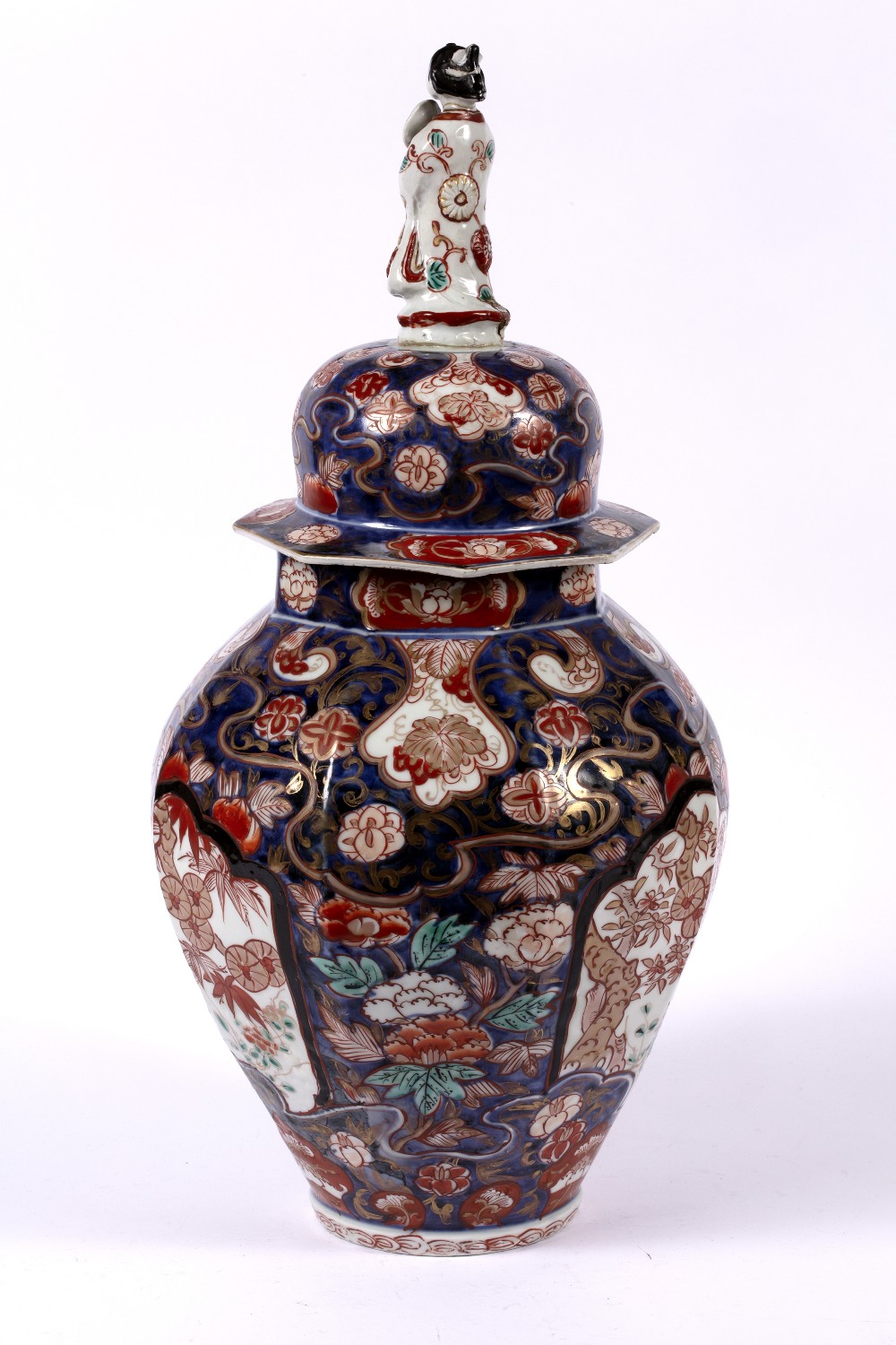 Imari vase and cover Japanese, 18th Century finial in the form of a figure holding a fan and with - Image 4 of 8