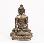 Silvered bronze buddha figure of Shakyamuni Chinese, 18th/19th Century the seated figure on a