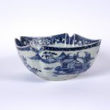 Square blue and white porcelain bowl Chinese, circa 1800 painted with river landscape, flowers and