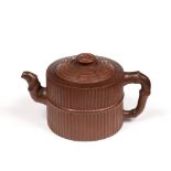 Yixing teapot Chinese body moulded to imitate bamboo, impressed mark to interior of lid and base,
