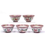 Five porcelain polychrome large tea bowls Chinese, circa 1900 each painted in enamels with