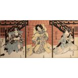 Utagawa Kuniyasu (1794-1832) 'Actors triptych' Japanese woodblock prints, each measures 36cm x 24cm