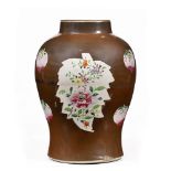 Cafe-au-lait glaze vase Chinese, 18th/19th Century with two leaf shaped panels to the body with