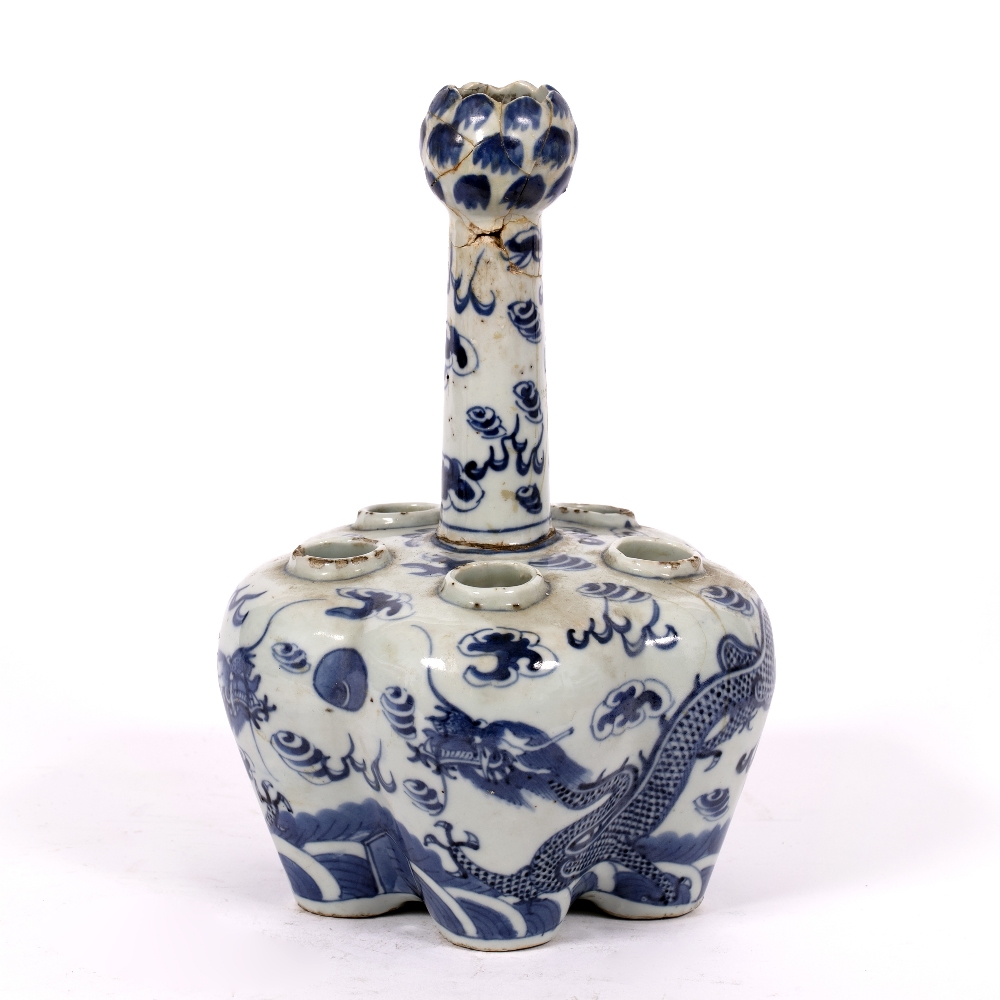 Blue and white tulip vase Chinese, 19th Century decorated to the body with two dragons chasing a