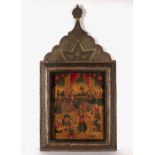 Framed painted panel Persian depicting women in a court scene, in a framed sedeli style frame,