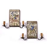 Pair of Qajar tiles Iran depicting figures on horseback, later converted into wall lights to the