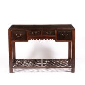 Blackwood desk Chinese with cracked-ice base and fitted four drawers,121cm across, 66cm deep, 84cm