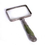 Magnifying glass Chinese and English with jade handle, and white metal mounts, 19cm x 10cm