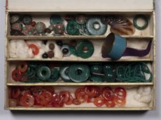 Collection of jewellery beads Chinese buttons, links and other pieces including coral, nut, green
