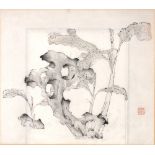 Chinese school 19th Century monochrome study, depicting a rocky outcrop with plants, with a red seal