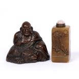 Bronze scroll weight Chinese in the form of a seated buddha and dog, 8.5cm across and a hardstone