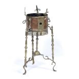 Copper and brass mangal/brazier ottoman Turkish of cylindrical form on three supports, 64cm high