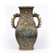 Bronze and cloisonne vase Chinese, 19th Century with embossed animals and deer-head handles, 38.