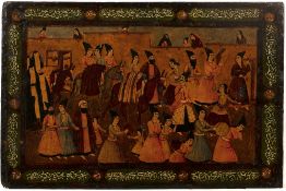 Painted Persian panel Iran, 19th/20th Century depicting a procession with figures on horseback and