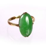 Ladies gold ring Chinese, circa 1930 with maker's mark and apple green oval cabochon