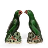 Pair of porcelain models of green glazed parrots Chinese, 19th Century Kangxi-style with black eyes,