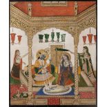 Mughal miniature Indian, 18th Century painted with a court scene with official and three attendants,