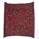 Silk panel Indian with geometric bands around a central panel with similar decoration, 75cm x 78cm