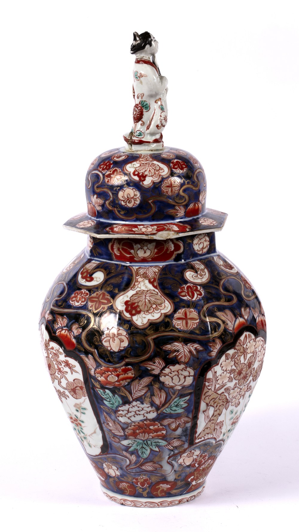 Imari vase and cover Japanese, 18th Century finial in the form of a figure holding a fan and with - Image 3 of 8
