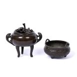 Two bronze censers Chinese, 19th Century one in the form of an archaic twin-handled ting, 10.5cm