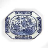 Blue and white export small platter Chinese, circa 1800 painted with a fence, peony and birds, 32.