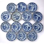 Set of thirteen export blue and white plates Chinese, circa 1800 decorated to the centre with a