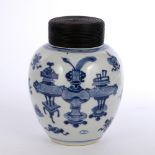 Blue and white jar Chinese, 19th Century decorated to the body with auspicious objects and vases,