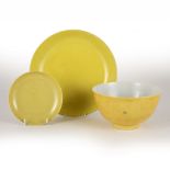 Three yellow glazed porcelain pieces Chinese to include a yellow glazed dish, with iron red
