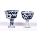 Export blue and white stem cup Chinese, late Ming decorated with two figures in a landscape amidst