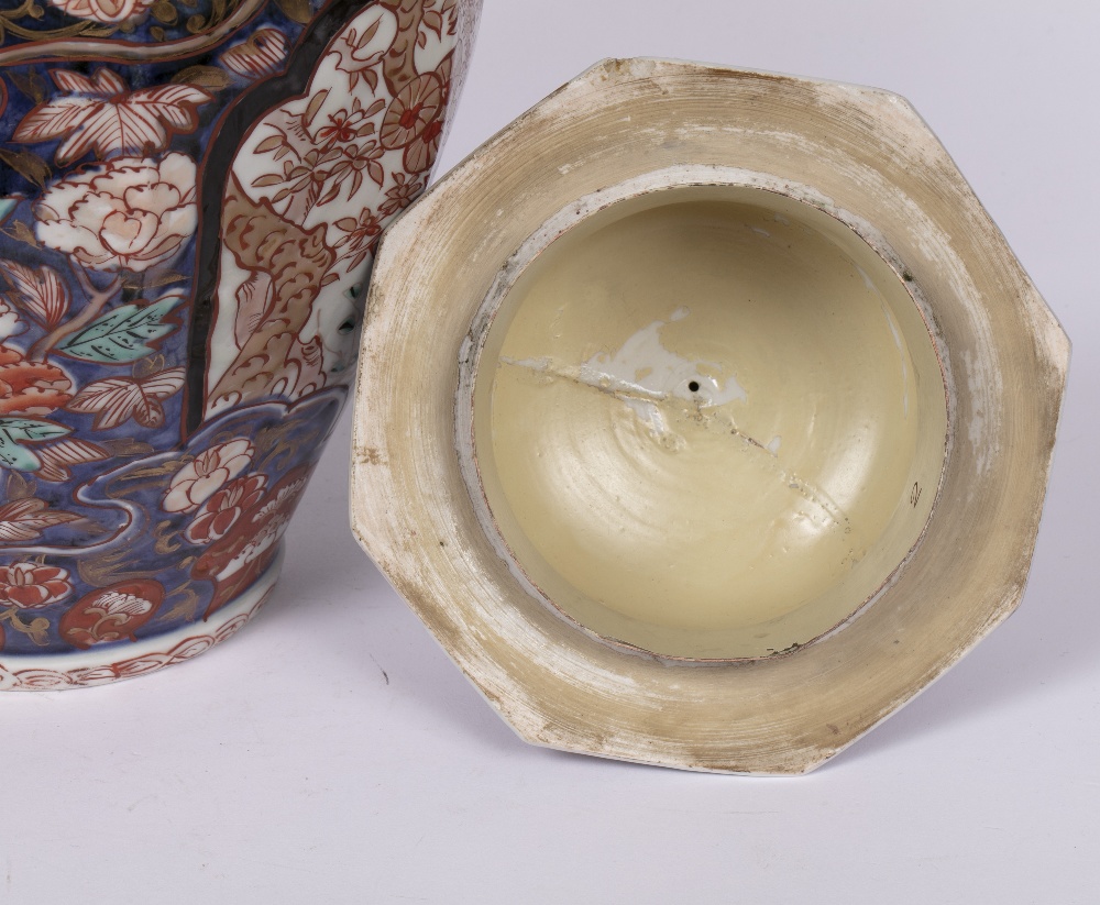 Imari vase and cover Japanese, 18th Century finial in the form of a figure holding a fan and with - Image 5 of 8