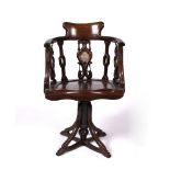 Hardwood and marble inset swivel chair Chinese with carved rail back, 49cm across, 84cm high