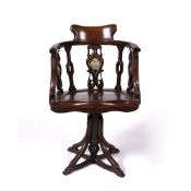 Hardwood and marble inset swivel chair Chinese with carved rail back, 49cm across, 84cm high