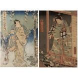 Two Japanese woodblock prints late 19th Century one depicting a Samurai, the other a Geisha, each