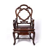 Hardwood and marble inset armchair Chinese with shaped back and scroll arms, 103cm high, 56cm