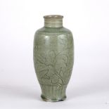 Celadon Longquan vase Chinese, 17th Century with incised foliate decoration, 20cm high