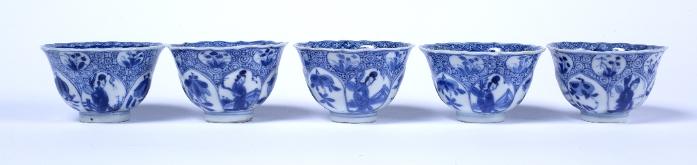 Five blue and white tea bowls Chinese, 18th Century decorated with repeating panels of figures and - Image 3 of 3