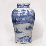 Blue and white jar Chinese decorated to the body with a river scene with boats and fishermen, 29.5cm