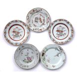 Group of five famille rose plates Chinese, 18th Century variously painted in enamels with crabs,