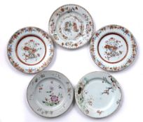 Group of five famille rose plates Chinese, 18th Century variously painted in enamels with crabs,