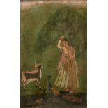 Miniature Indian, 18th Century painted with a female figure with two peacocks and two young deer,