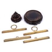 Small group of pieces Chinese including two hardwood stands, four brass holders and a model