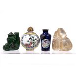 Four snuff bottles Chinese comprising a mother of pearl snuff bottle carved as a double gourd object