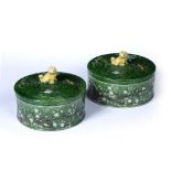 Pair of green glazed lidded bowls Chinese, 19th Century decorated with moulded stylized flowers to