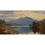 WILLIAM J. FERGUSON (act. 1849-1886) A tranquil mountain loch at sunset, signed and dated 1885,