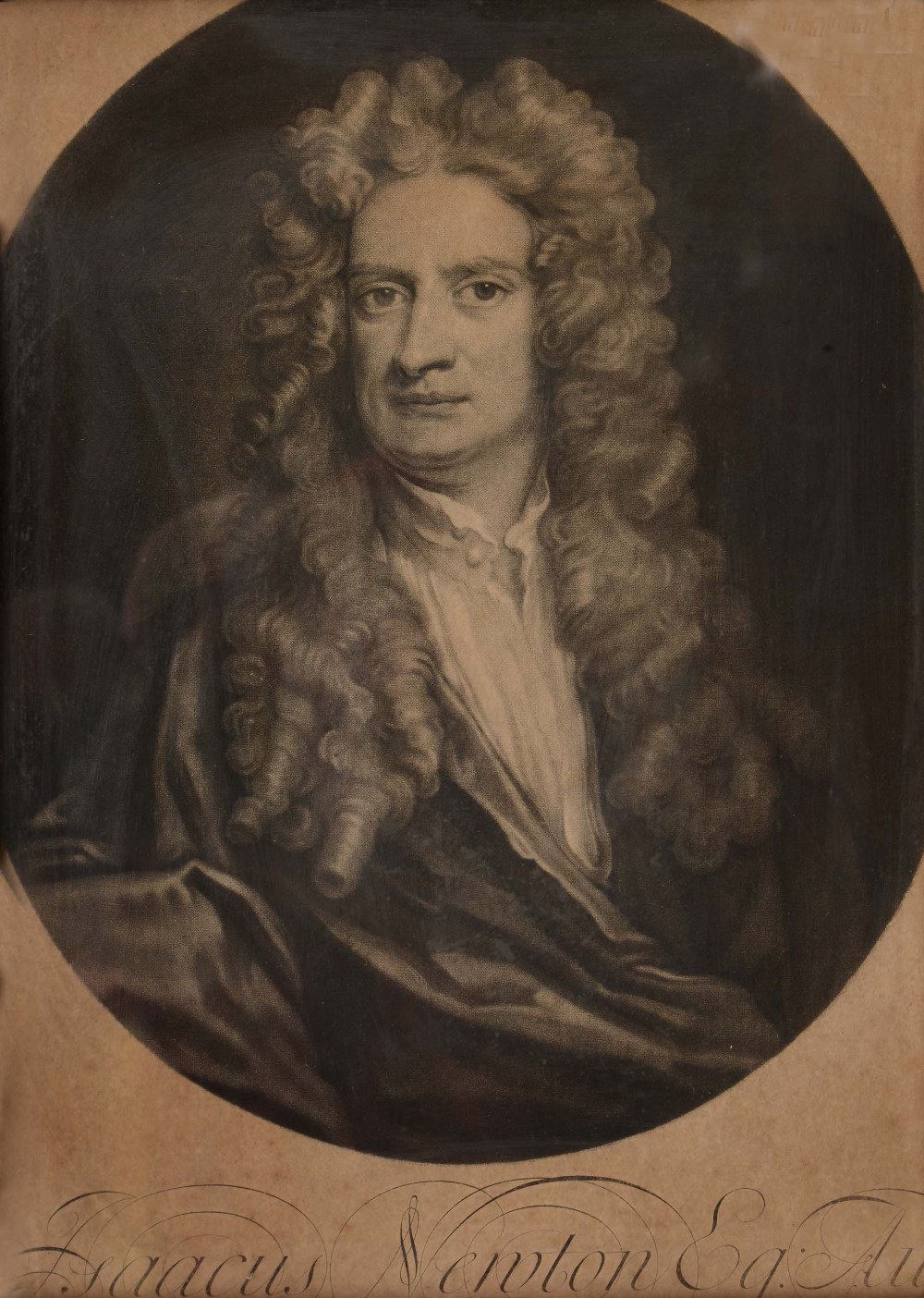 AFTER SIR GODFREY KNELLER Isaac Newton, mezzotint, 29 x 23cm oval; and one further mezzotint -