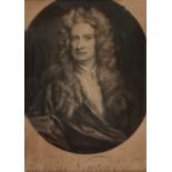AFTER SIR GODFREY KNELLER Isaac Newton, mezzotint, 29 x 23cm oval; and one further mezzotint -